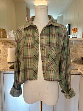 Mimosa Sage Green Cropped Plaid Flannel Shirt